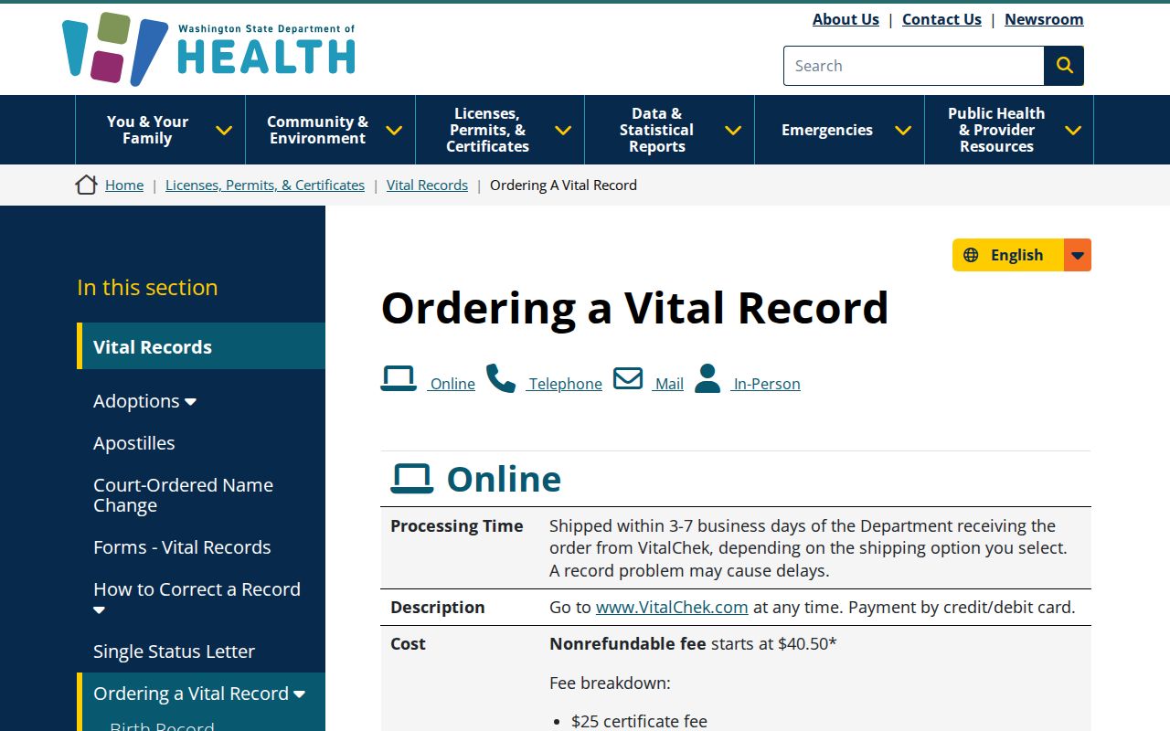 Washington vital record order routes for University Place resident research