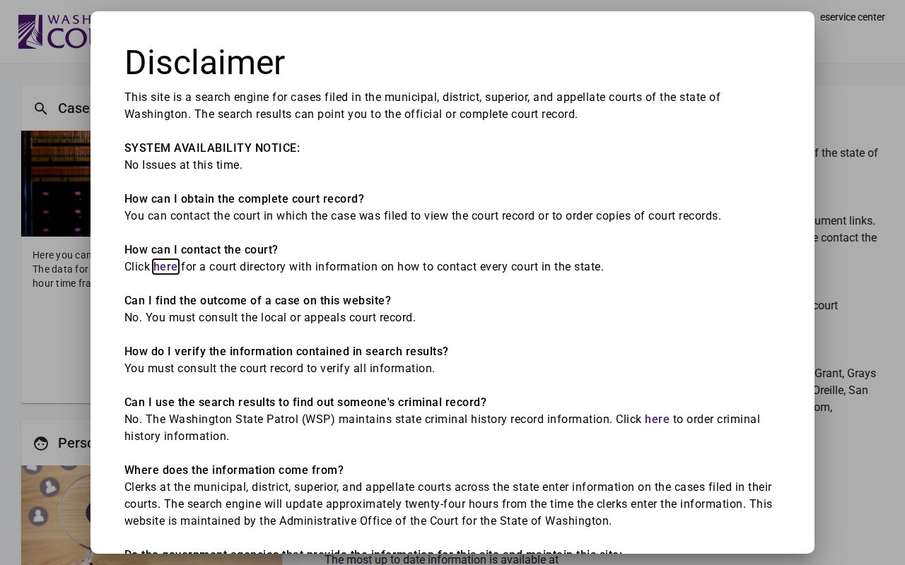 Washington Courts case and person search entry for a University Place resident lookup